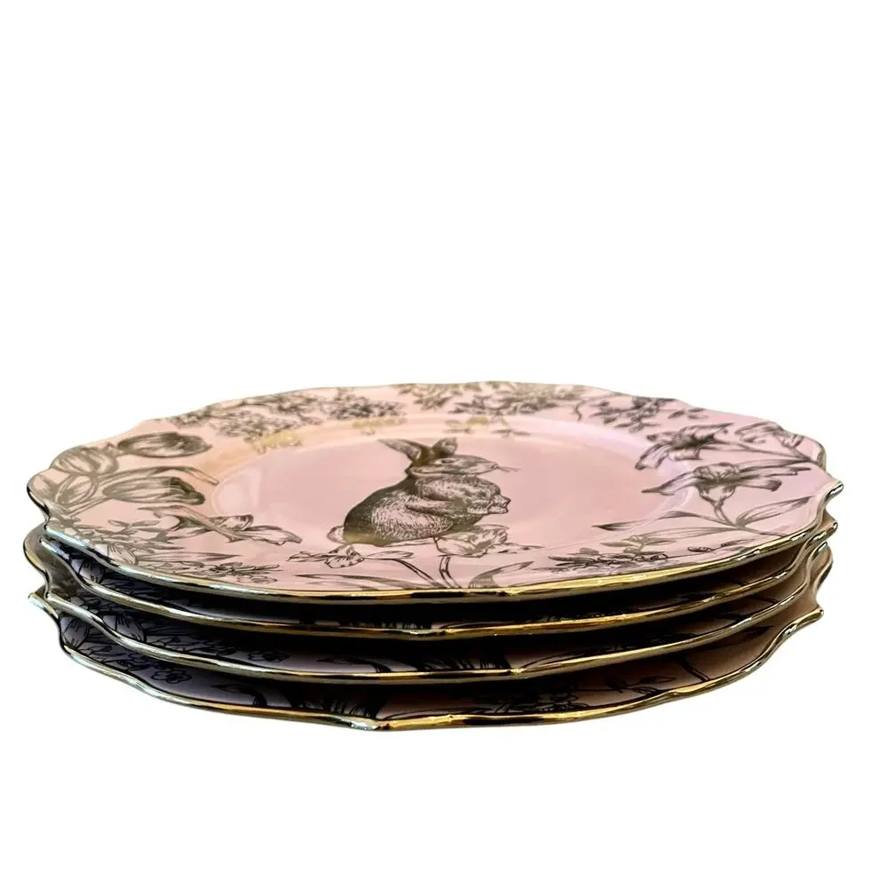 222 Fifth Pink Gold Bunny Hill 10.75” Porcelain Dinner Plates Easter Set/4 New